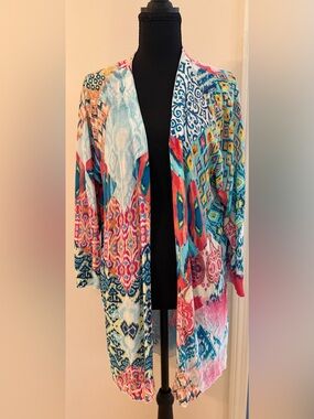 Chico's Multicolor Stretchy Open Front Floral Ikat 3/4 Sleeves Cardigan/Duster 2